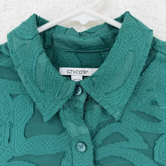 Chicos Shirt Womens 6 Green Textured Sheer Short Sleeve Button Front Blouse - Picture 3 of 8